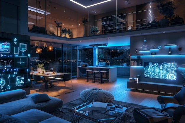 A smart home interior with various connected