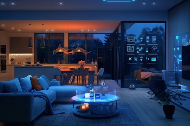 A smart home interior with various connected