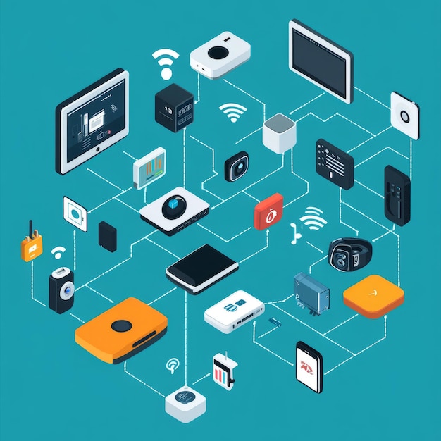 Smart home isometric illustration with various devices connected through wireless network