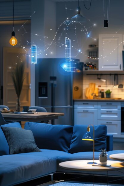 Photo smart home living room with connected devices