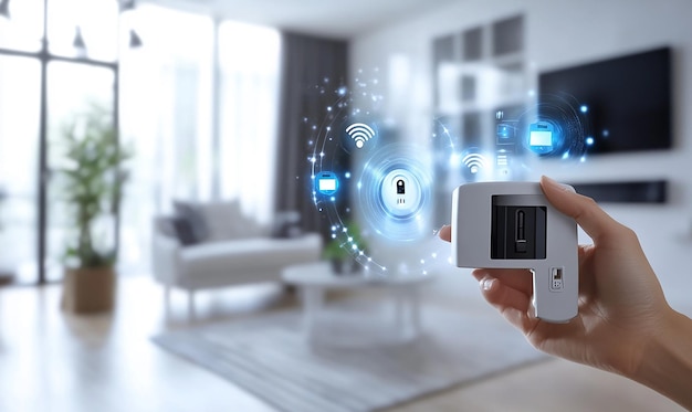 Photo a smart home security system being activated by voice