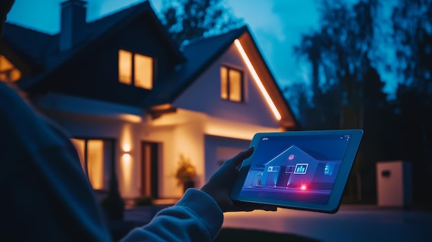 Photo smart home security system controlled remotely through a tablet at night modern technology ensuring home safety and convenience