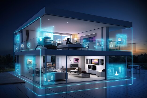 smart home setup A modern living space equipped with smart home devices like smart lights tv and voice controlled assistants Smart home interior with augmented reality AI generative