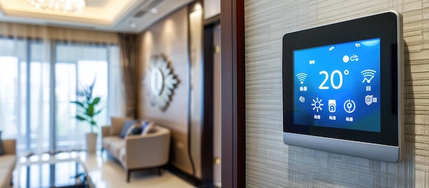 Photo smart home thermostat on a wall in a modern living room