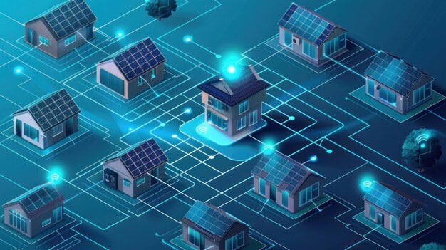 Photo smart homes connected an illustration of a network of modern houses with solar panels