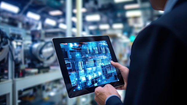 Smart industrial control concepts hands holding tablet on blurred automation machine as background