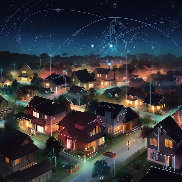 a smart and interconnected society suburban houses at night AI generated