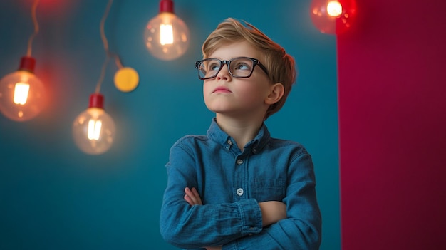 Photo smart kid with arms crossed thinking and having idea