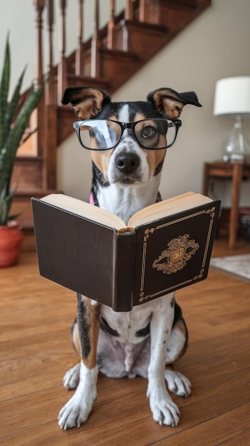 Smart little dog poses for camera with glasses and book pretends to book reader