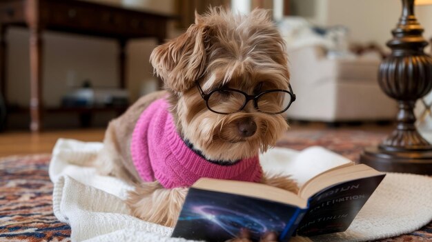 Photo smart little dog reads science fiction lying on a white blanket