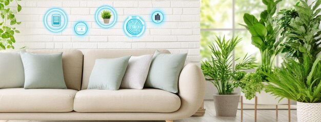 Photo a smart living room with glowing blue icons and lush greenery showcasing modern energy management features