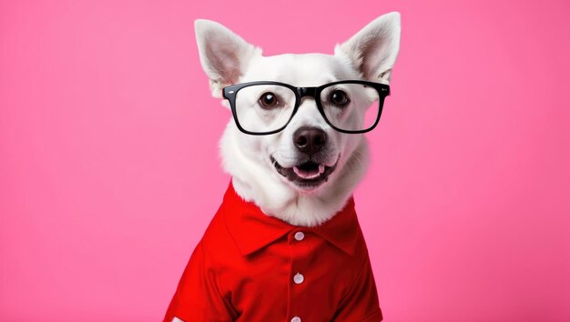 A smart looking dog in glasses and a red shirt against a pink background