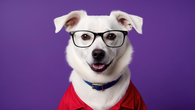 Photo a smart looking dog in glasses and a red shirt against a pink background