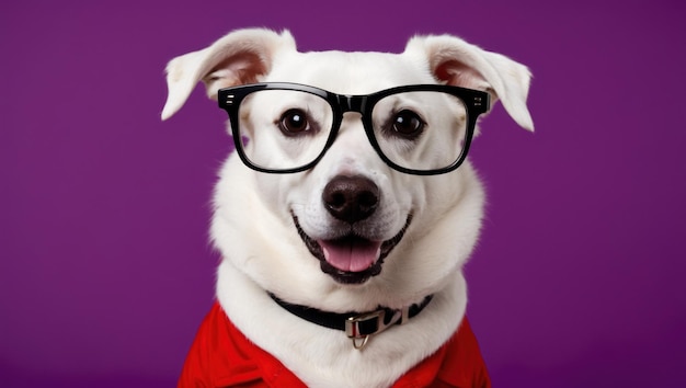 Photo a smart looking dog in glasses and a red shirt against a pink background