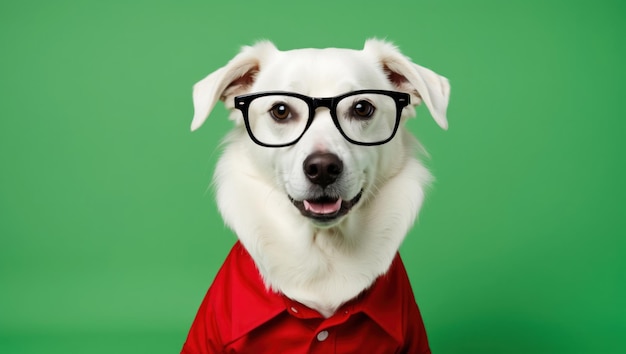 Photo a smart looking dog in glasses and a red shirt against a pink background