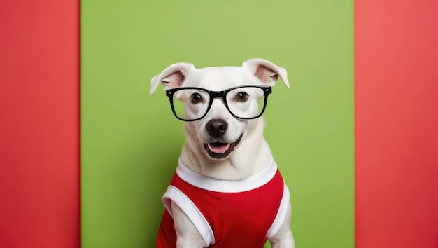 Photo a smart looking dog in glasses and a red shirt against a pink background