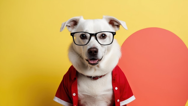 Photo a smart looking dog in glasses and a red shirt against a pink background