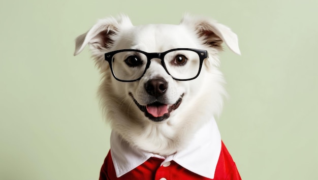 Photo a smart looking dog in glasses and a red shirt against a pink background