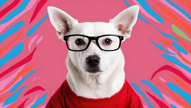 A smart looking dog in glasses and a red shirt against a pink background