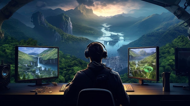 Smart man creating fantasy video game on large screens