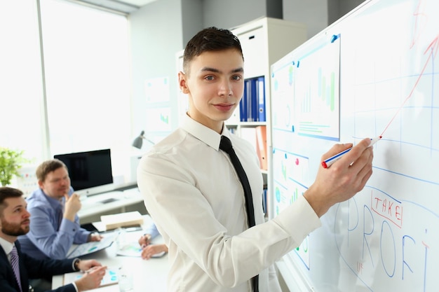 Smart man making presentation of profits for colleagues