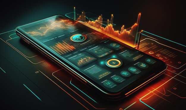 Smart phone application displaying business graph and analysis data showcasing the coding process and software development trends