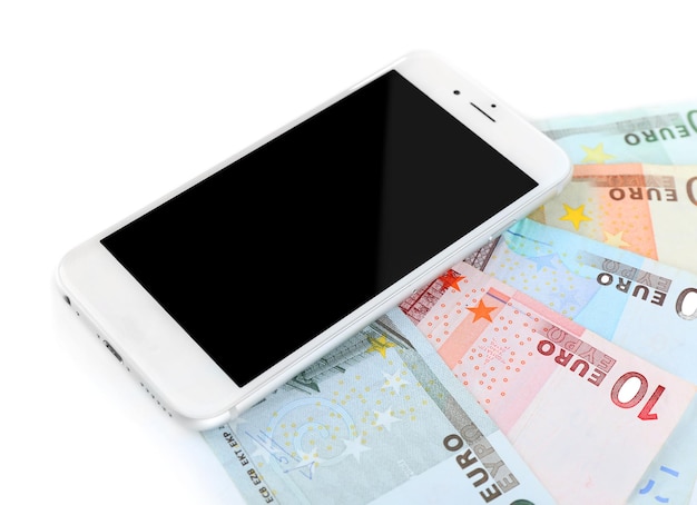 Smart phone with euro banknotes isolated on white Internet earning concept