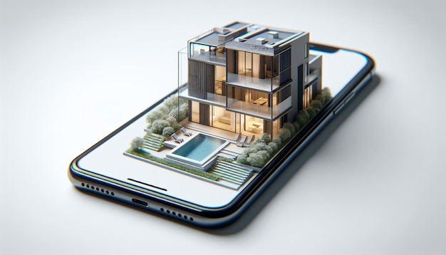 a smart phone with a house on the screen and a picture of a house on the screen