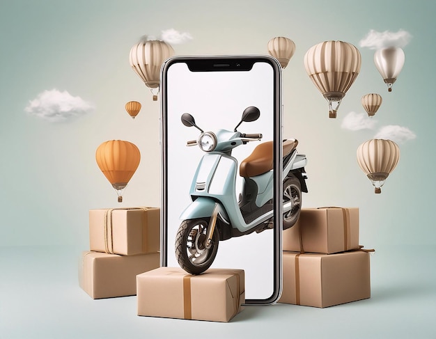 a smart phone with a picture of a motorcycle on it and a box with balloons in the background