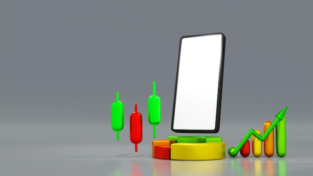 Smart phone with stock market trading graph candle stick and business chart financial investment 3D rendering