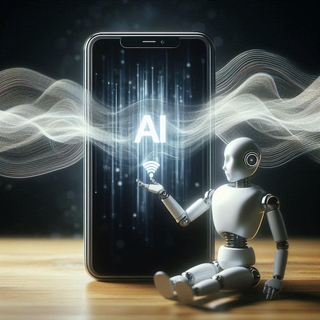 Photo smart robot holding a phone with ai text inside the screen