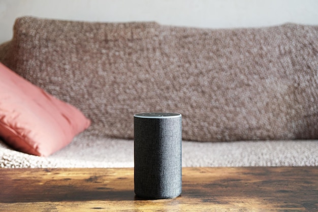 Smart speaker standing on coffee table