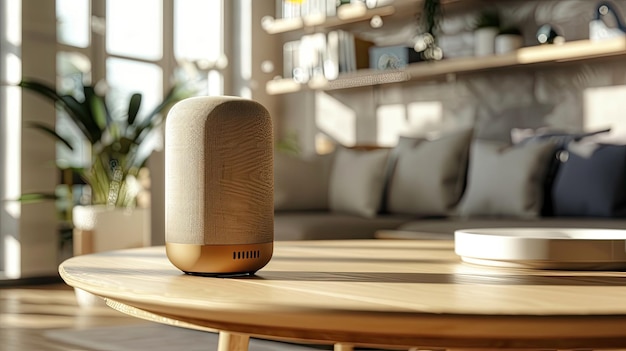 A smart speaker on a wooden table in a cozy living room