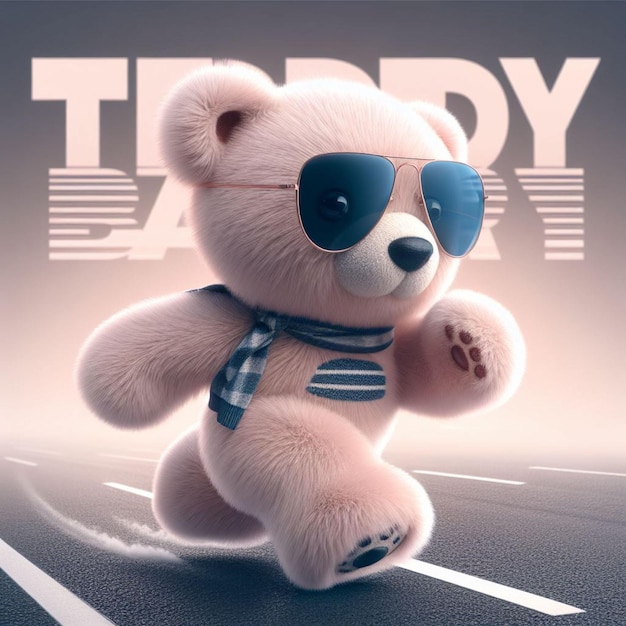 A smart teddy running in a road wearing sunglass ai generated