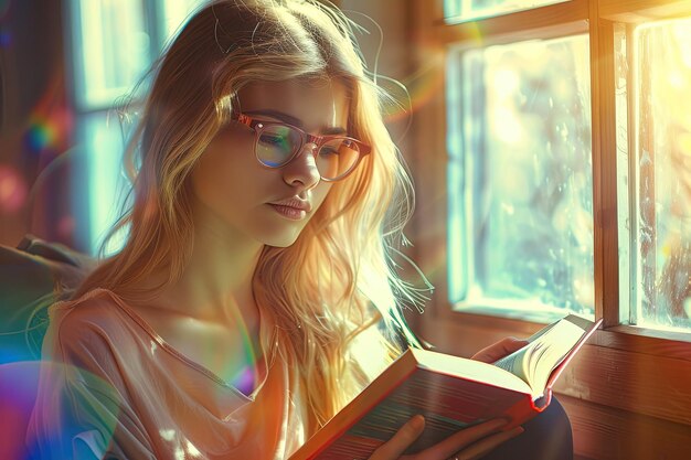 Smart teenage woman reading book