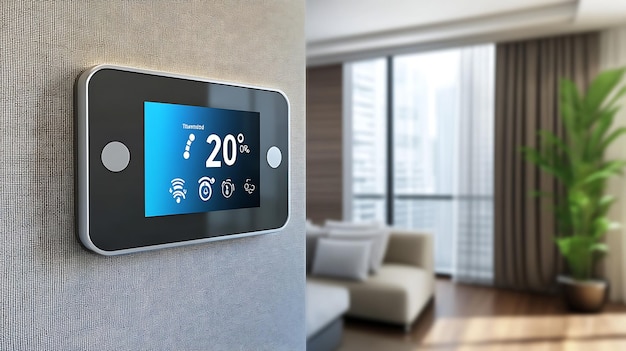 Photo a smart thermostat adjusting the temperature in a modern living room displayed on a wallmounted