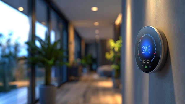 A smart thermostat is mounted on a wall in a room with a large window