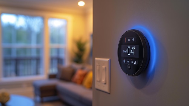 A smart thermostat is on a wall in a living room