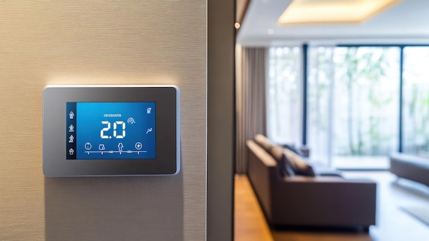 Photo a smart thermostat on the wall showing energy savings in a minimalist home