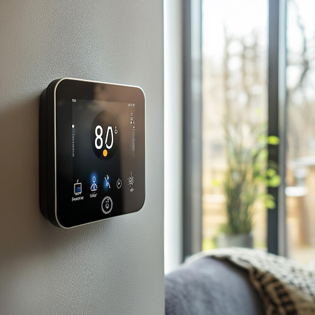 A smart thermostat with a touchscreen interface and energysaving features