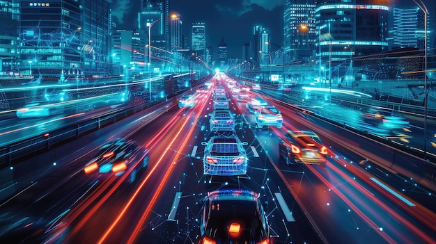 Smart transport technology concept for future car traffic on road Virtual intelligent system makes digital information analysis to connect data of vehicle on city street Futuristic innovation