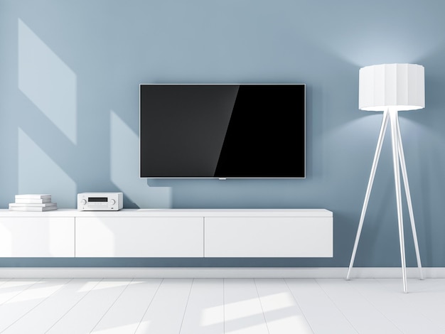 Smart Tv Mockup with blank screen hanging on the blue wall living room 3d rendering