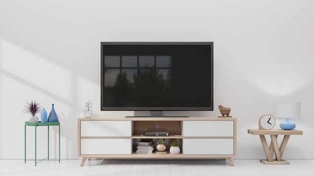 Smart TV on the white wall in living room,minimal design,3d rendering