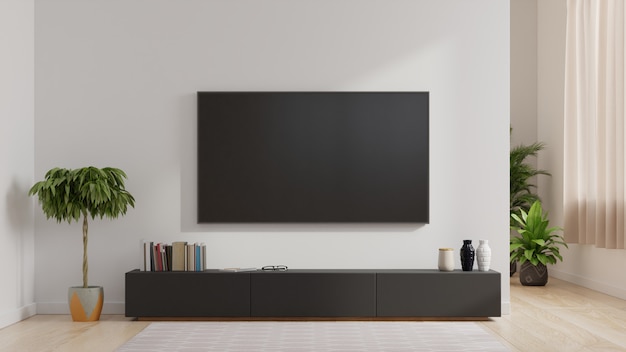 Smart TV on the white wall in living room,minimal design.