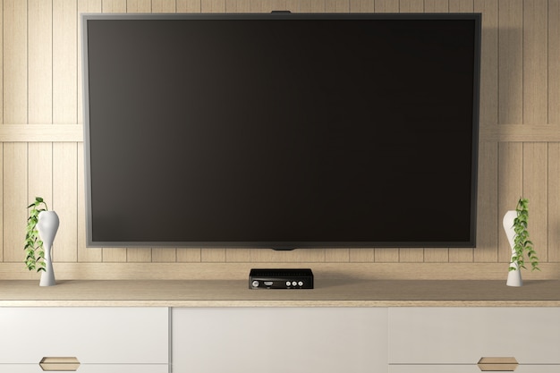 Smart Tv  with blank black screen hanging on the cabinet decor. 3d rendering