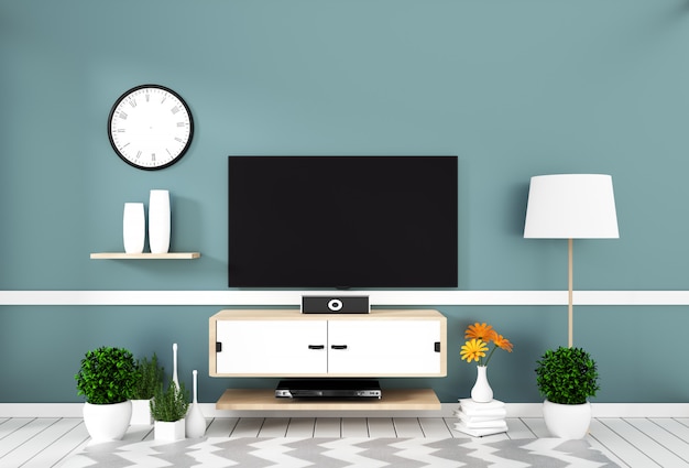 Smart Tv with blank screen hanging on the wall mint on white wooden floor mockup