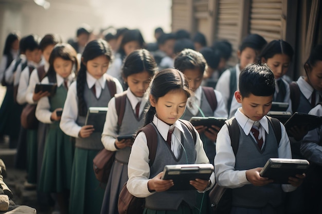 Smart and Uniformed Private School Students Proudly Pose with Books in Front of Their Schoolquot Generative Ai