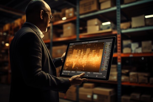 Photo smart warehouse inventory management system concept a manager using digital tablet showing warehouse software management dashboard on the blurred warehouse as background