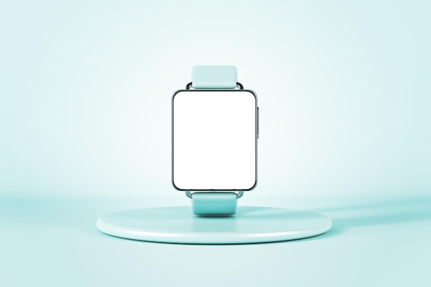 Smart watch concept with light turquoise electronic watches with blank white display on blue round stand at abstract background 3D rendering mockup