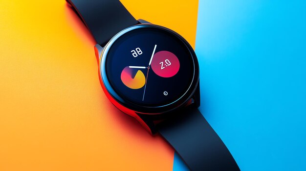 Photo a smart watch with a black face and a black band lays on a yellow and blue surface